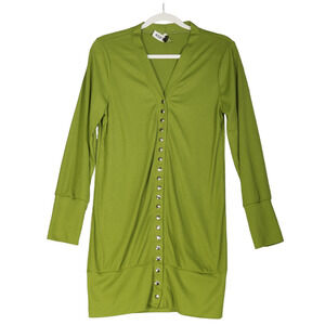 Ribbed Cardigan Sweater Womens Large Green Snap Close Tunic Long Stretch